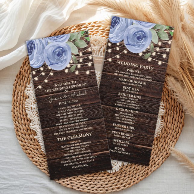 Rustic String Lights Blue Floral Wedding Program Programm (Dusty blue watercolor floral and string lights on rustic wood wedding program)