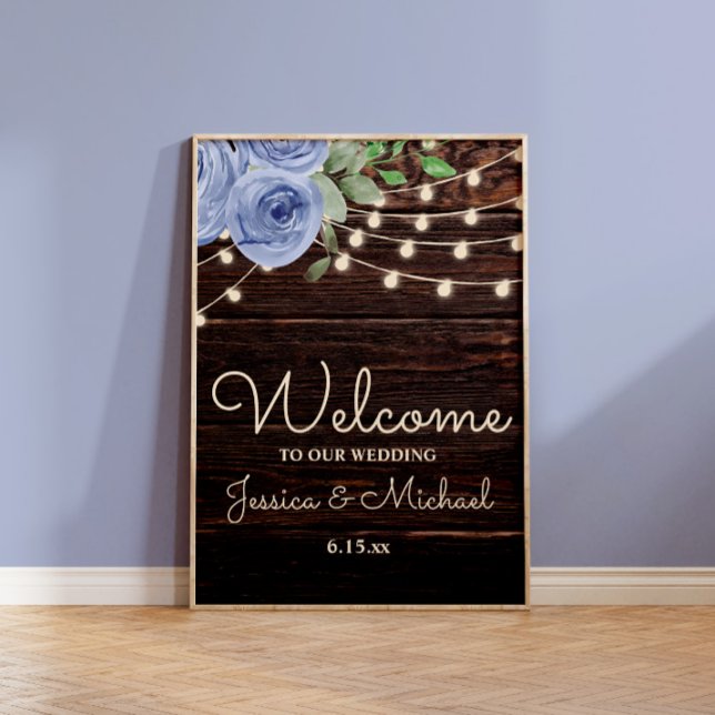 Rustic String Lights Blue Floral Wedding Willkomme Poster (Rustic wood and dusty blue watercolor floral and string lights wedding Welcome sign)