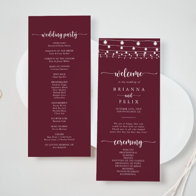Rustic String Lights Burgundy Wedding Program Programm (Von Creator hochgeladen)