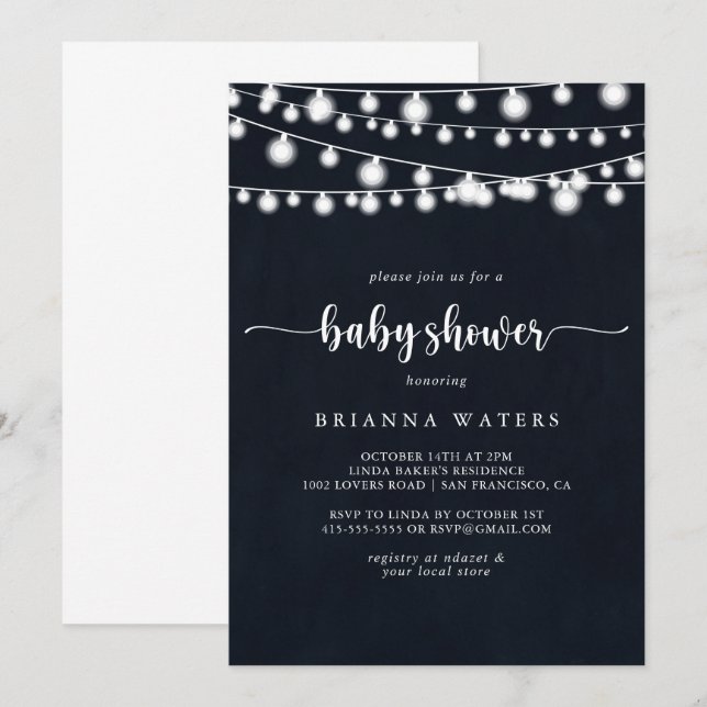 Rustic String Lights Calligraphy Baby Shooter Einladung (Vorne/Hinten)