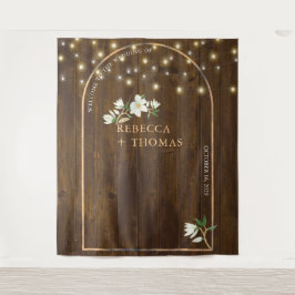Rustic String Lights Gold Arch Magnolia Wedding Wandteppich