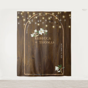 Rustic String Lights Gold Arch Magnolia Wedding Wandteppich