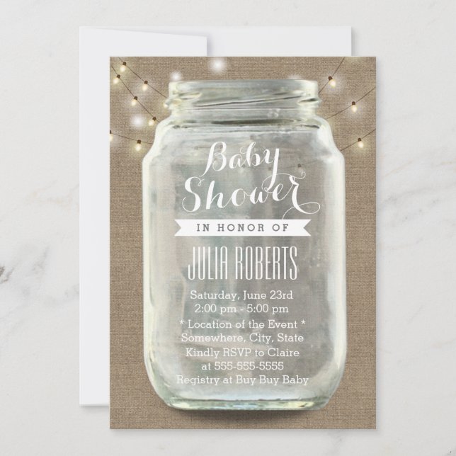 Rustic String Lights Mason Jar Burlap Baby Dusche Einladung (Vorderseite)