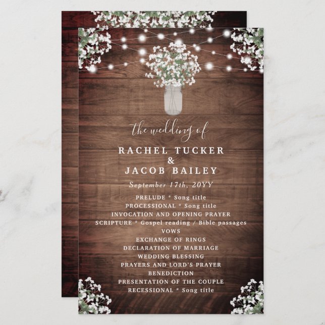Rustic String Lights Mason Jar Wedding Program (Vorne/Hinten)