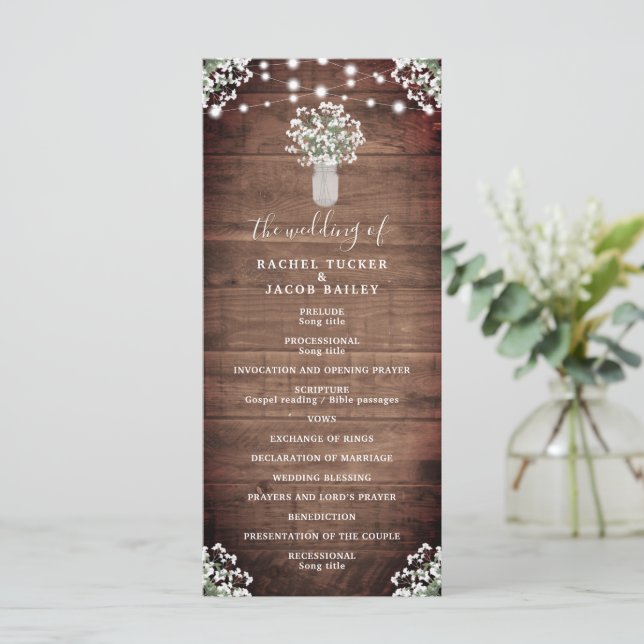 Rustic String Lights Mason Jar Wedding Programm (Stehend Vorderseite)