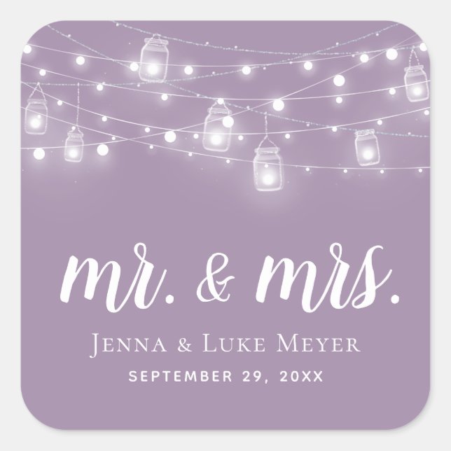 Rustic String Lights Mr. und Mrs. Wedding Monogram Quadratischer Aufkleber (Vorderseite)