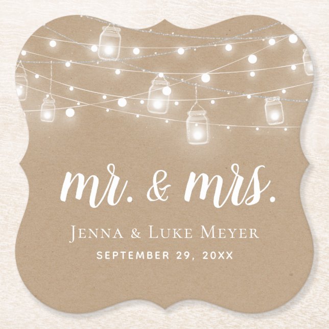 Rustic String Lights Mr. und Mrs. Wedding Monogram Untersetzer (Vorderseite)