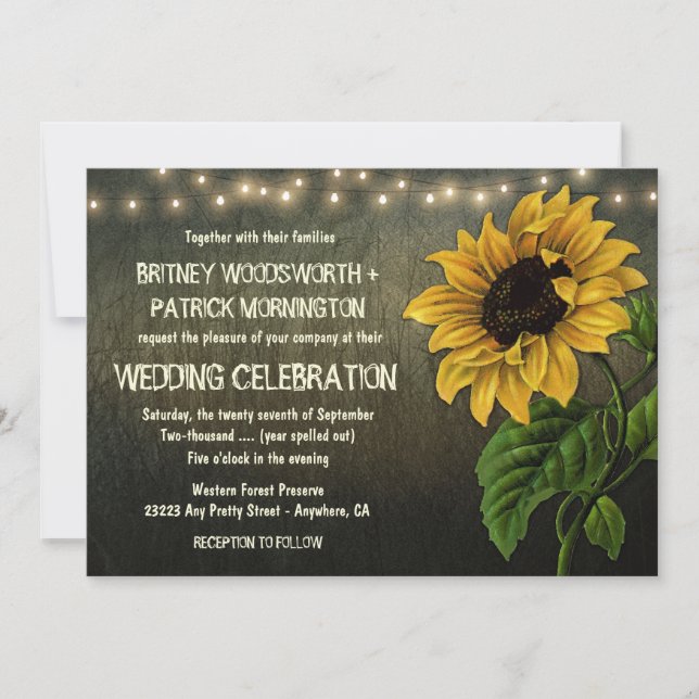 Rustic String Lights Sunflower Mariage Invitations (Devant)