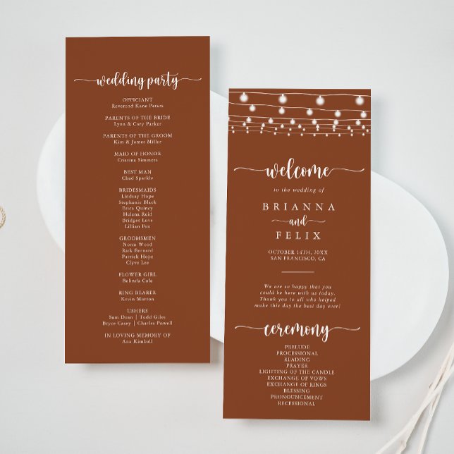 Rustic String Lights Terracotta Wedding Programme (Créateur téléchargé)