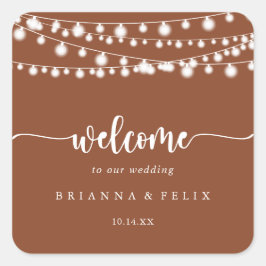 Rustic String Lights Terracotta Wedding Willkommen Quadratischer Aufkleber
