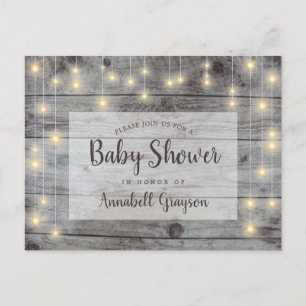 Rustic String Lights Wood Baby Dusche Einladungspostkarte