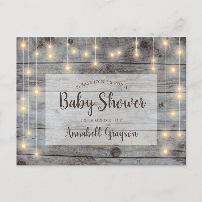 Rustic String Lights Wood Baby Dusche Einladungspostkarte (Vorderseite)
