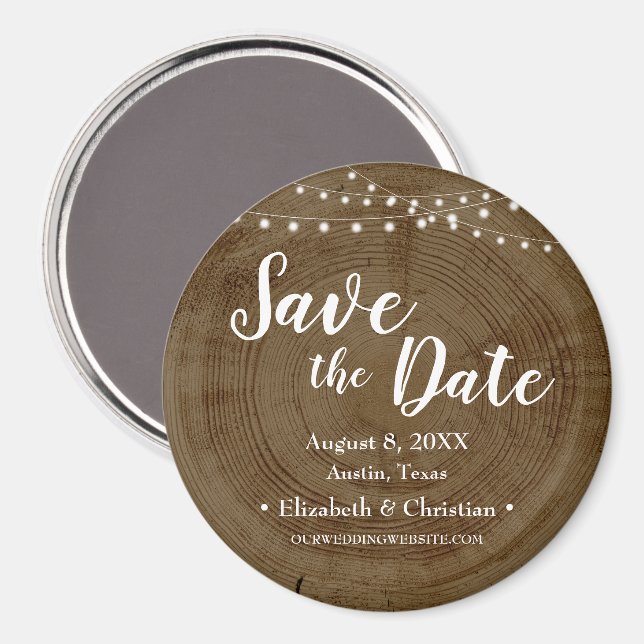 Rustic String of lights Wood Barn Save the date Magnet (Vorderseite/Rückseite)