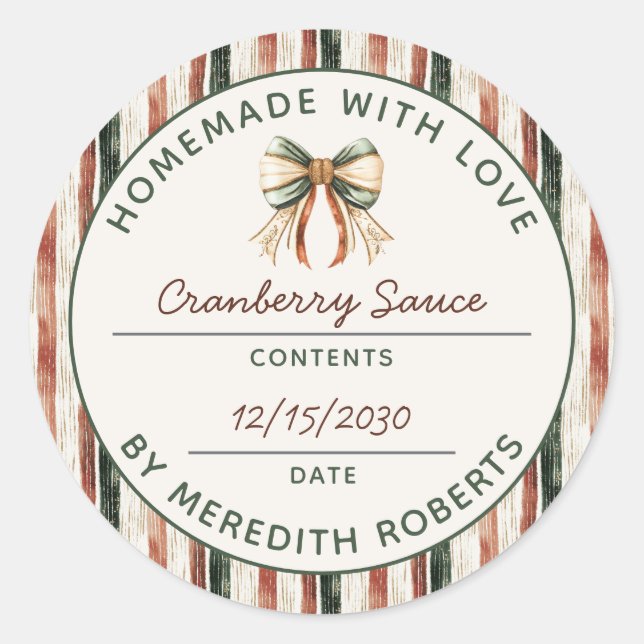 Rustic Stripes Holiday Food Gift Product Label Runder Aufkleber (Vorderseite)