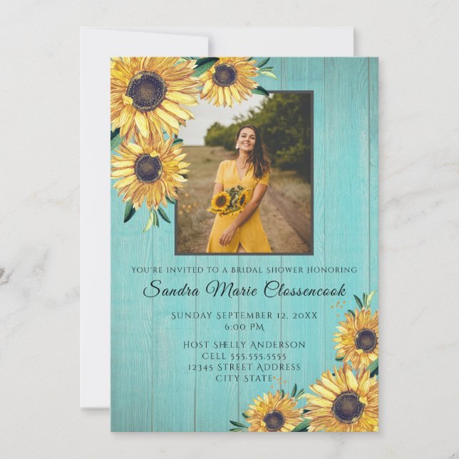 Rustic Sunflower Aqua Wood Wedding Brautparty Einladung (Vorderseite)