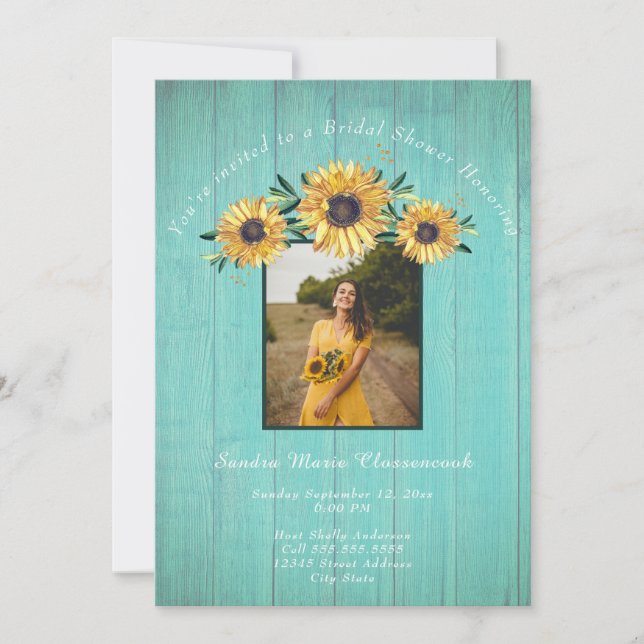 Rustic Sunflower Aqua Wood Wedding Brautparty I Einladung (Vorderseite)