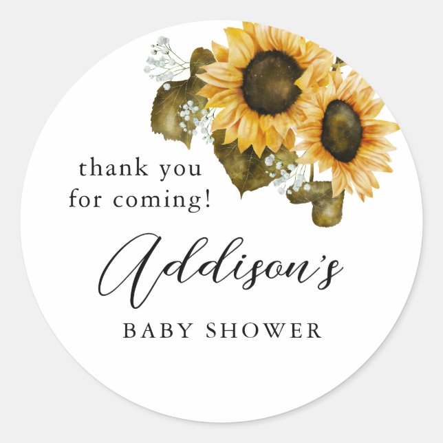 Rustic Sunflower Baby Dusche Gefallen Runder Aufkleber (Vorderseite)