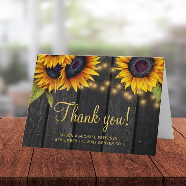 Rustic sunflower barn wood wedding thank you dankeskarte (Von Creator hochgeladen)
