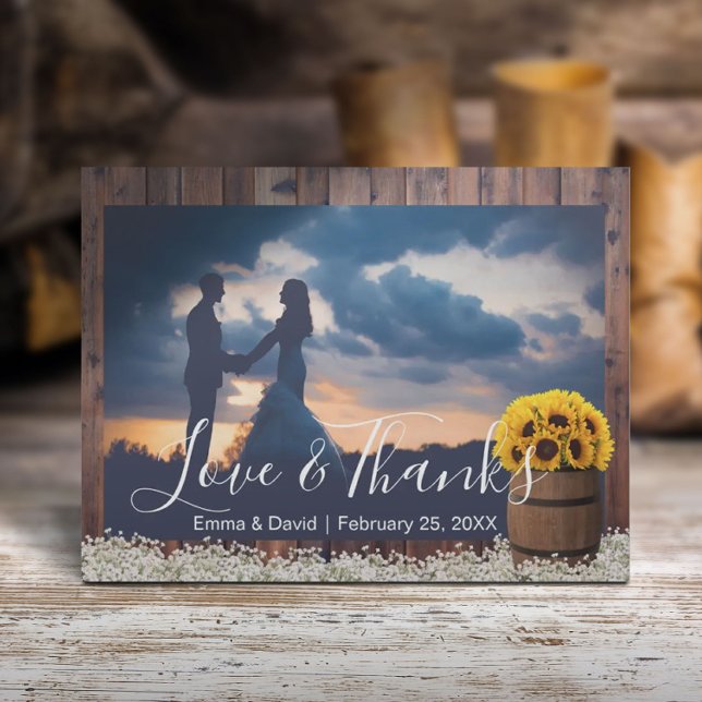 Rustic Sunflower Barrel Wedding Foto Vielen Dank Postkarte (Von Creator hochgeladen)