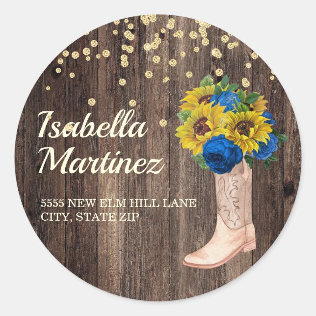Rustic Sunflower Blue Rose Boots Adresse Runder Aufkleber (Vorderseite)