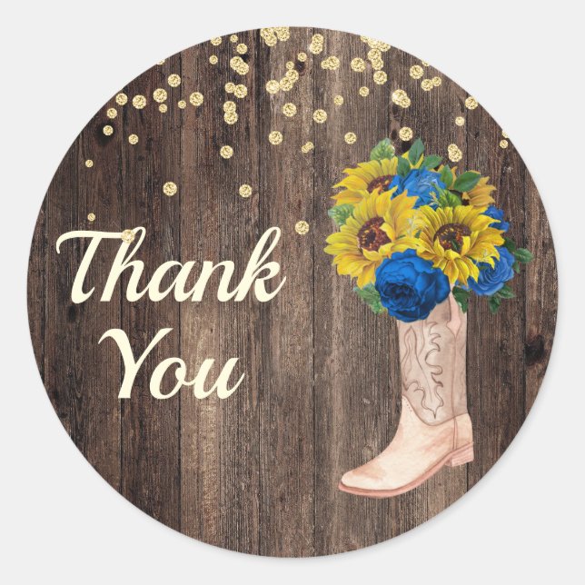 Rustic Sunflower Blue Rose Boots Vielen Dank Runder Aufkleber (Vorderseite)