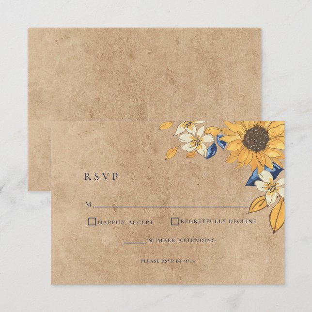 Rustic Sunflower Blue Yellow Wedding RSVP Card (Vorne/Hinten)