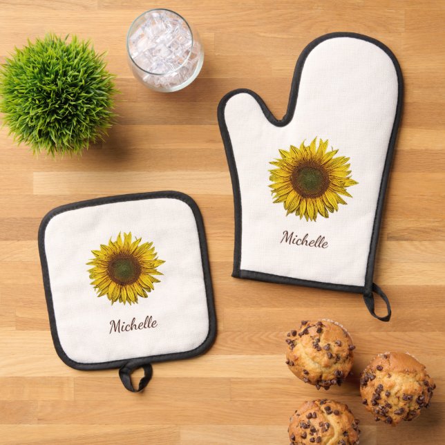 Rustic Sunflower Boho Botanical Personalized Ofenhandschuh & Topflappen-Set (Oben Unten)
