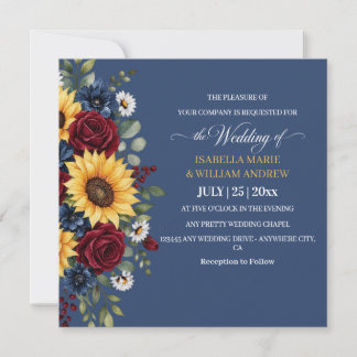 Rustic Sunflower Burgundy Navy Blue Wedding Einladung