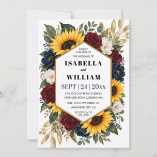 Rustic Sunflower Burgundy Red Navy Roses Wedding Einladung