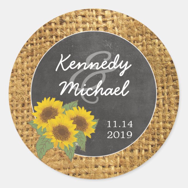 Rustic Sunflower Burlap Hochzeit-Umschlag Aufklebe Runder Aufkleber (Vorderseite)