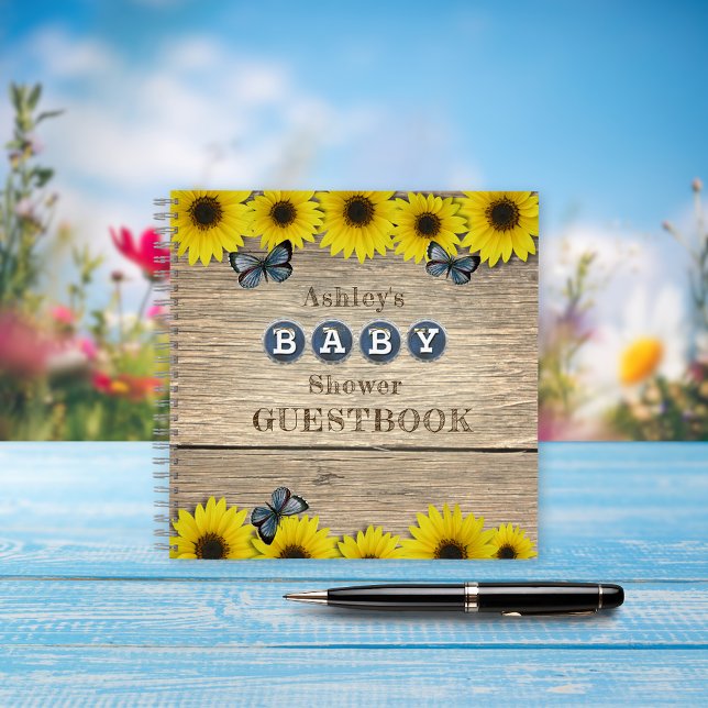 Rustic Sunflower Butterfly Babydusche Gästebuch Notizbuch (Von Creator hochgeladen)