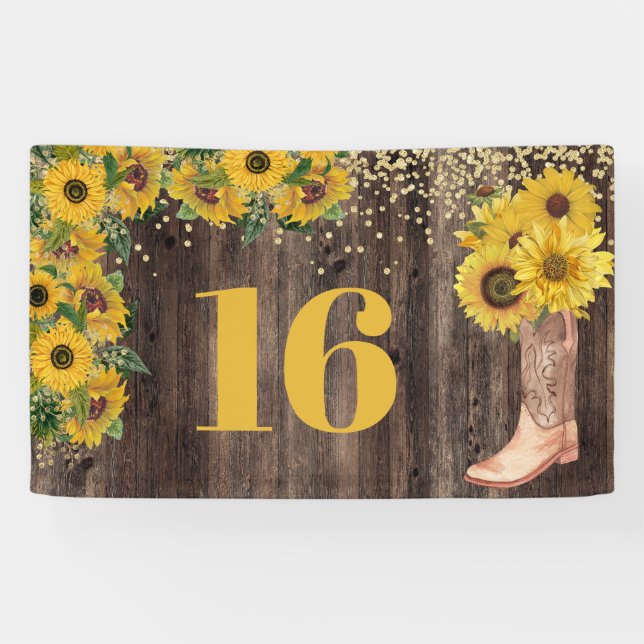 Rustic Sunflower Cowgirl Boot Glitzer 16 Geburtsta Banner (Horizontal)