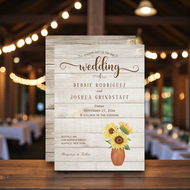 Rustic Sunflower Floral on Wood Wedding Invitation Einladung (Von Creator hochgeladen)