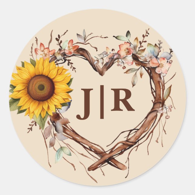 Rustic Sunflower Heart Monogram Wedding Runder Aufkleber (Vorderseite)