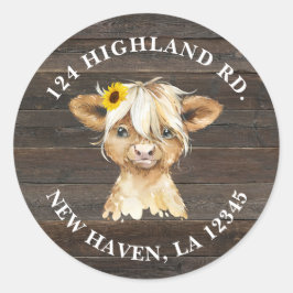 Rustic Sunflower Highland Cow Baby Showadresse Runder Aufkleber