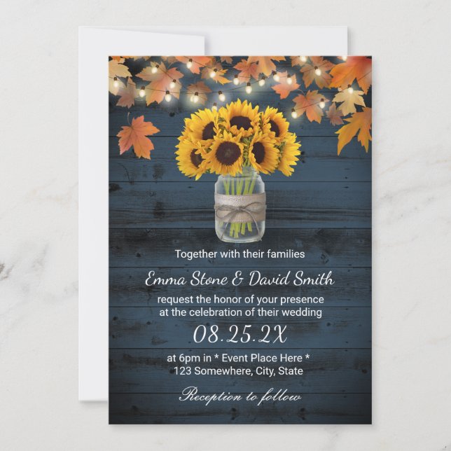 Rustic Sunflower Jar Navy Barn Wood Hochzeit im He Einladung (Vorderseite)