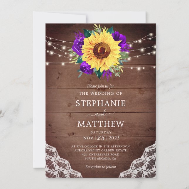 Rustic Sunflower Lace Purple Floral Wood Lights Einladung (Vorderseite)