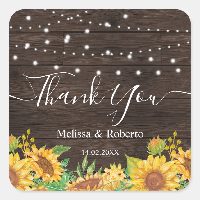 rustic sunflower lights wedding quadratischer aufkleber (Vorderseite)