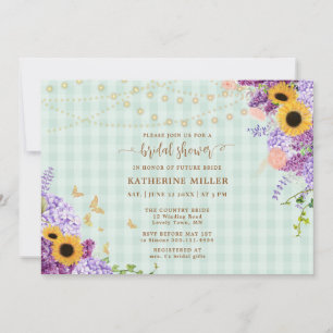 Rustic Sunflower Lilac Green Gingham Brautparty Einladung