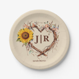 Rustic Sunflower Monogram Wedding Heart Branch Pla Pappteller