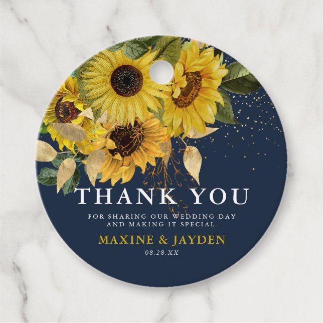 Rustic Sunflower Navy & Gold Hochzeit Vielen Dank Geschenkanhänger (Vorderseite)