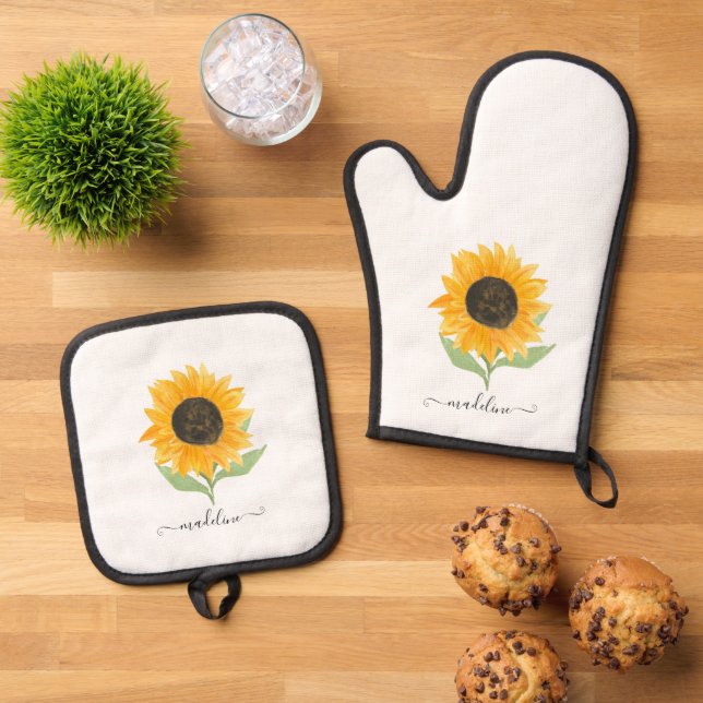 Rustic Sunflower Personalized Name Script Ofenhandschuh & Topflappen-Set (Oben Unten)