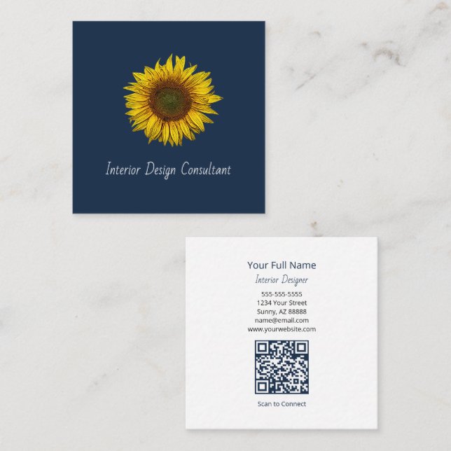 Rustic Sunflower QR code Boho Navy Blue Quadratische Visitenkarte (Vorne/Hinten)