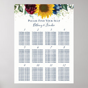 Rustic Sunflower Rose Floral Wedding Seating Chart Poster
