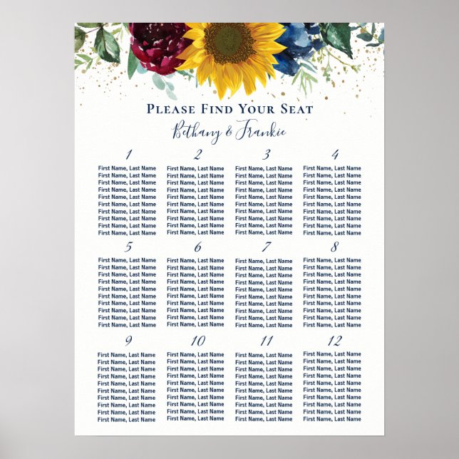 Rustic Sunflower Rose Floral Wedding Seating Chart Poster (Vorne)