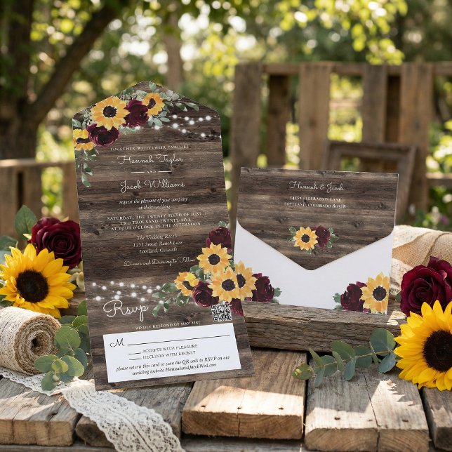 Rustic Sunflower Roses QR Code Wedding All In One Einladung (Von Creator hochgeladen)