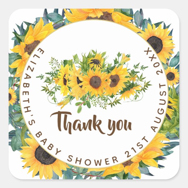 Rustic Sunflower Themed Baby Dusche Gefallen Gesch Quadratischer Aufkleber (Vorderseite)