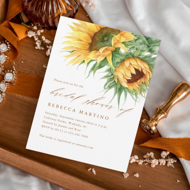 Rustic Sunflower Watercolor Script-Brautparty Einladung (Rustic sunflower fall bridal shower invitation with hand-painted florals and script typography.)