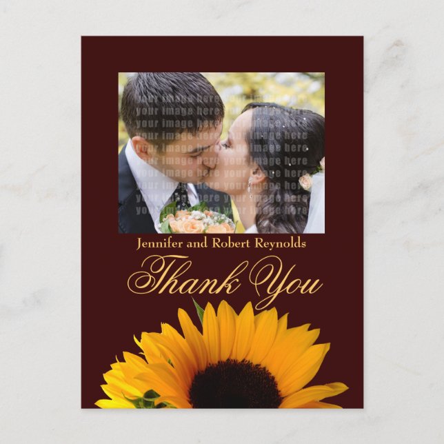Rustic Sunflower Wedding Foto Vielen Dank Postkarte (Vorderseite)
