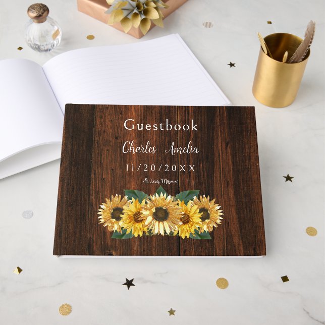 Rustic Sunflower Wedding Gästebuch (Vorderseite Offen)